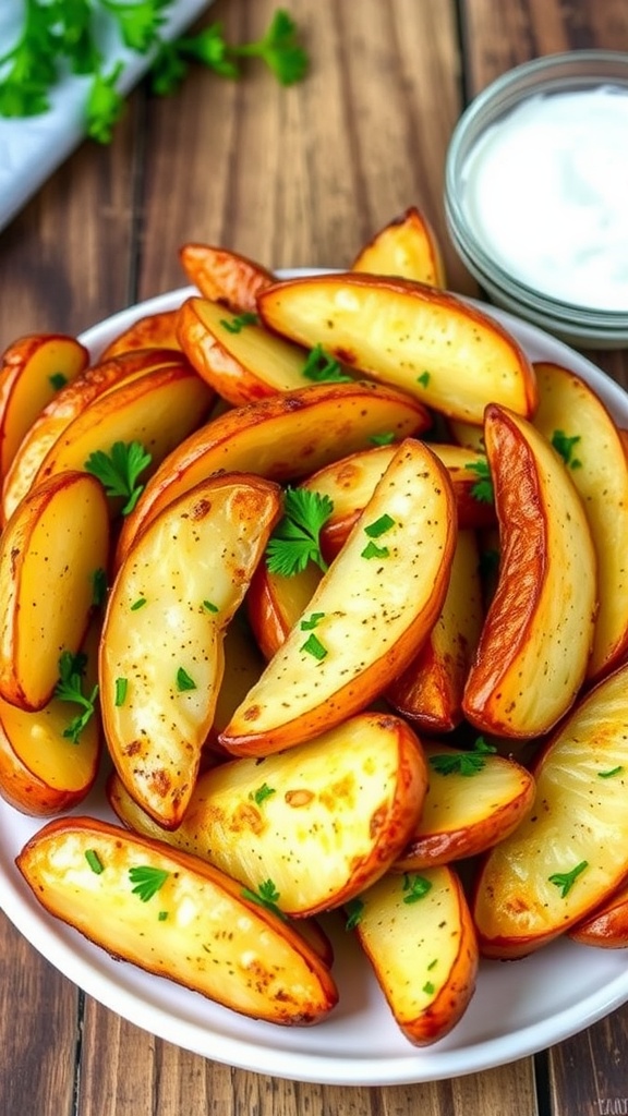 Crispy ranch seasoned potato wedges on a plate with parsley and ranch dip.